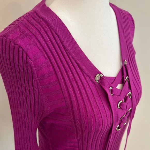 INC Women's Magenta Lace-Up Ribbed Sweater - Picture 4 of 8